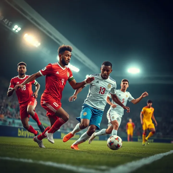 Dynamic soccer players competing intensely under stadium lights highlighting key AFCON player performances