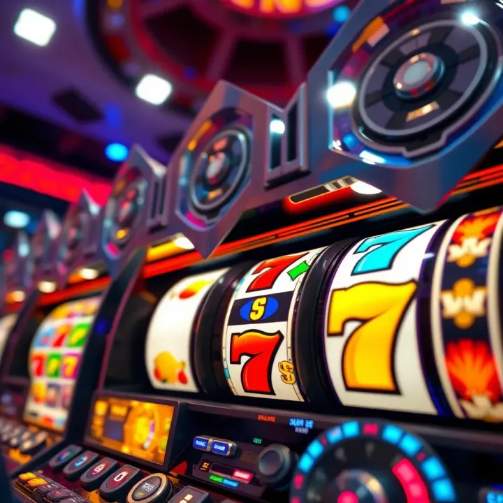 Illustration of slot machine reels displaying various symbols under bright lights