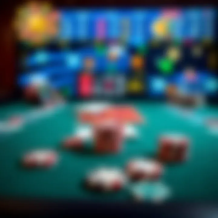 A digital casino table layout featuring playing cards and chips with a vibrant SkyBet interface