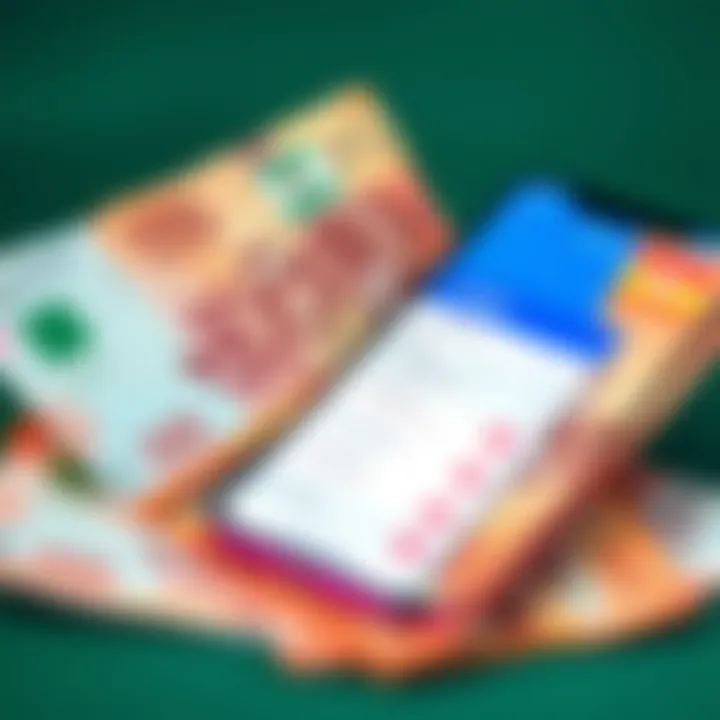 Close-up of Nigerian currency notes with a mobile device showing a bank app interface