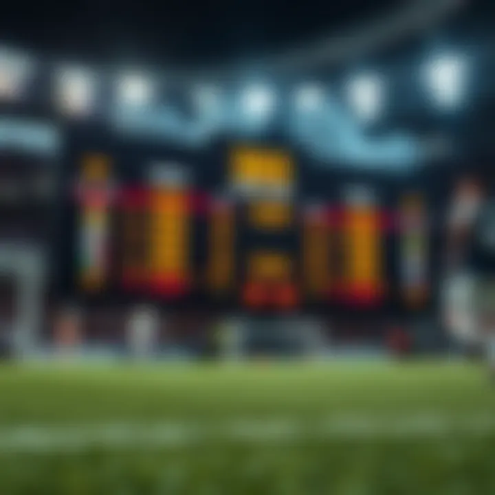 Football pitch with detailed scoreboard displaying potential match outcomes and betting odds