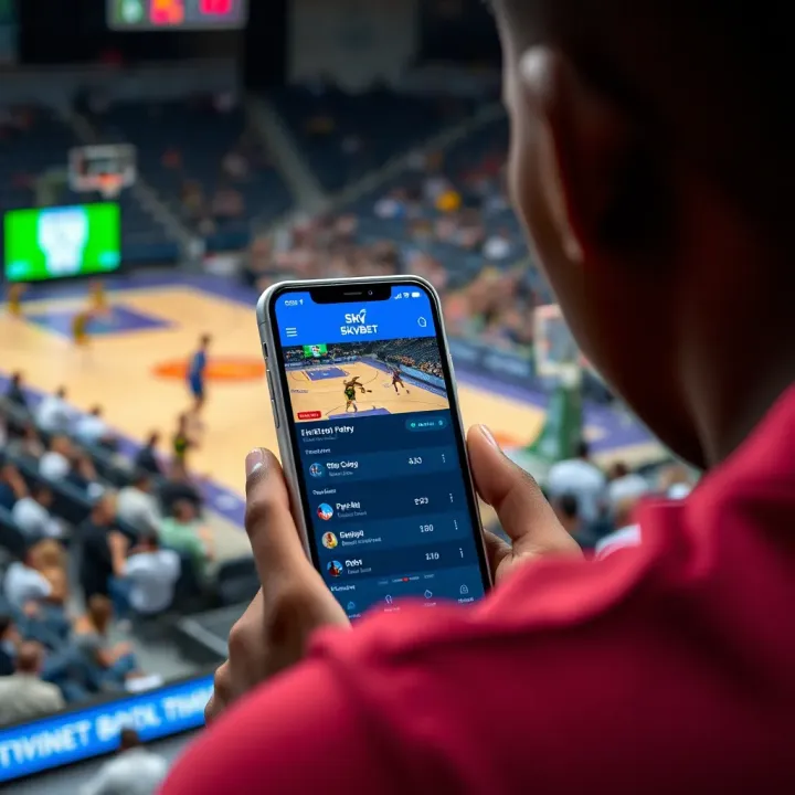 Smartphone displaying Skybet app with live odds and betting options during a basketball game