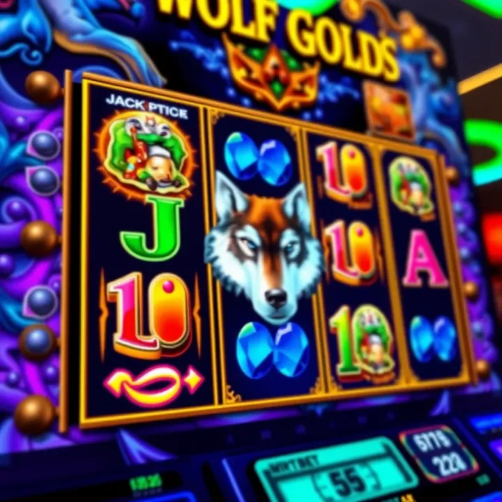 Colorful Wolf Gold slot game interface showing reels with vibrant symbols and jackpot meter