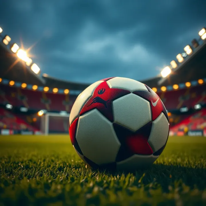 Europa League Football Ready for Weekend Matches Close-up of a football placed on a pitch with stadium lights in the background