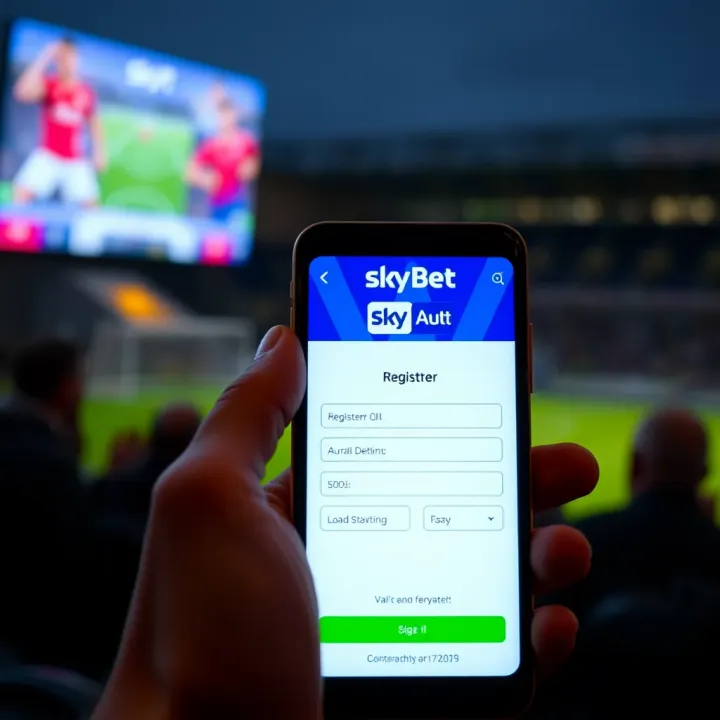 Mobile device showing registration form on the SkyBet platform with input fields for user details