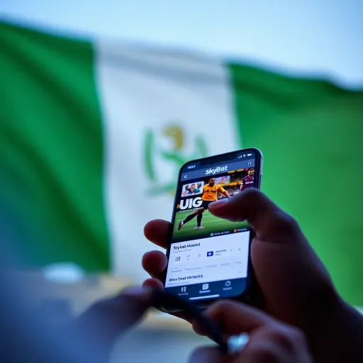 User accessing SkyBet UG platform on a mobile device with Nigerian flag in background