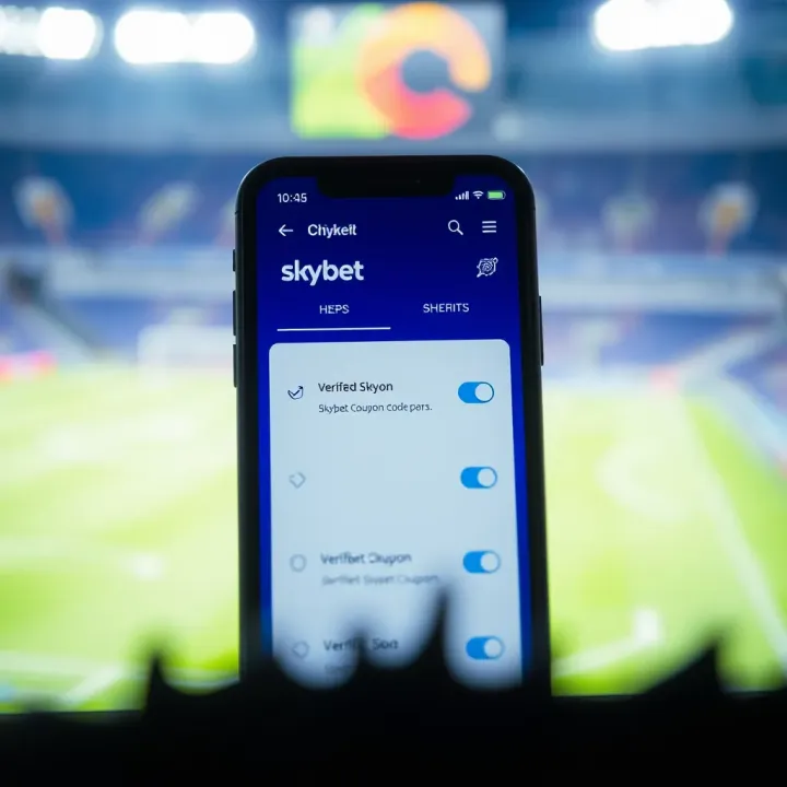 Illustration of a mobile phone screen displaying verified Skybet coupon codes with check marks and confirmation icons