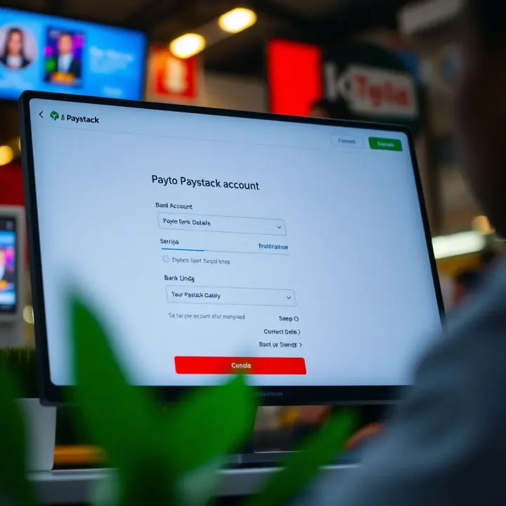 User interface showing Paystack account setup screen with form fields and bank linking options