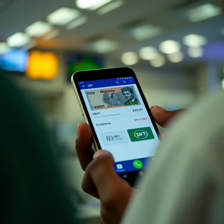 Mobile phone screen displaying currency exchange from Nigerian Naira to USDT for betting deposits