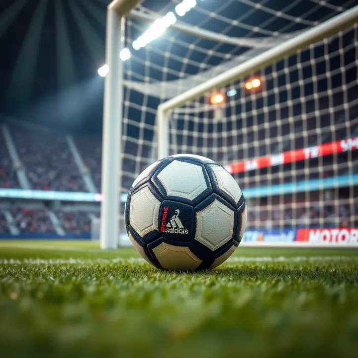 Strategic Play Near the Goal in Kazakhstan Premier League Close-up of a football strategically positioned near the goalpost on a vibrant stadium field