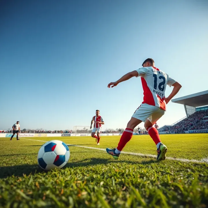 Football players competing on a grassy pitch under clear skies during a league match