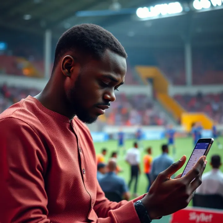 Nigerian sports bettor reviewing match statistics and betting options on digital device