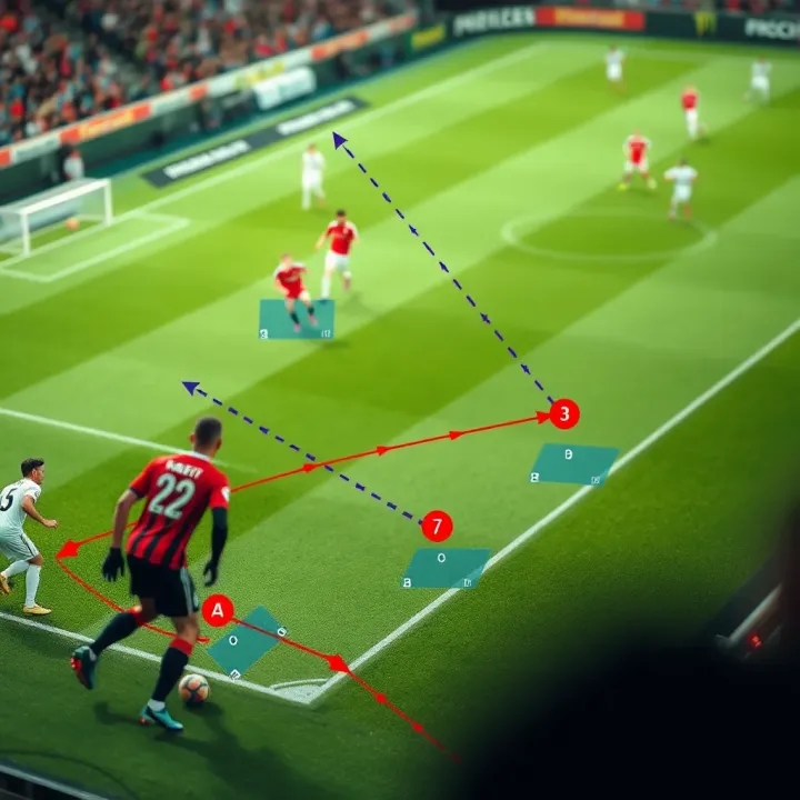 Analyzing Team Dynamics and Form for Accurate Score Predictions Football pitch with highlighted team formations and player movements