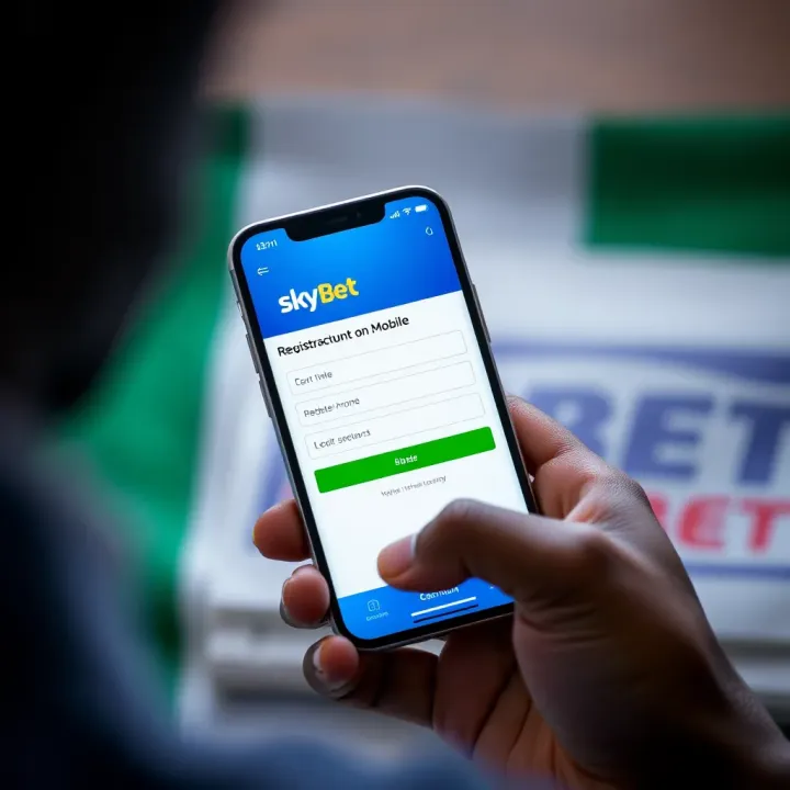 Registering a SkyBet Account on Mobile in Nigeria Mobile phone displaying SkyBet registration form with Nigerian flag background