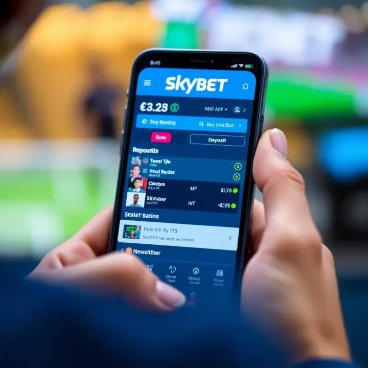 Smartphone screen showing SkyBet app dashboard with betting options and deposit features