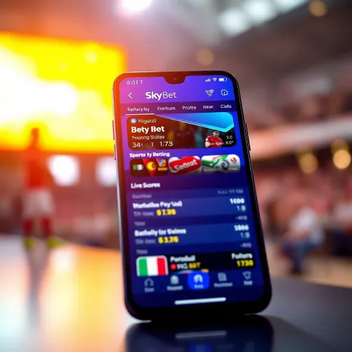 Mobile phone showing SkyBet app interface with sports betting options and live scores