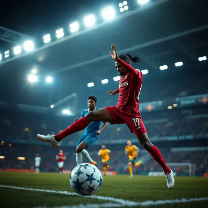 Dynamic football action during a crucial Champions League match under stadium lights