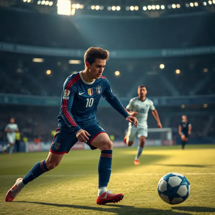 Key Player in Focus During Champions League Game Close-up of a professional football player controlling the ball on pitch