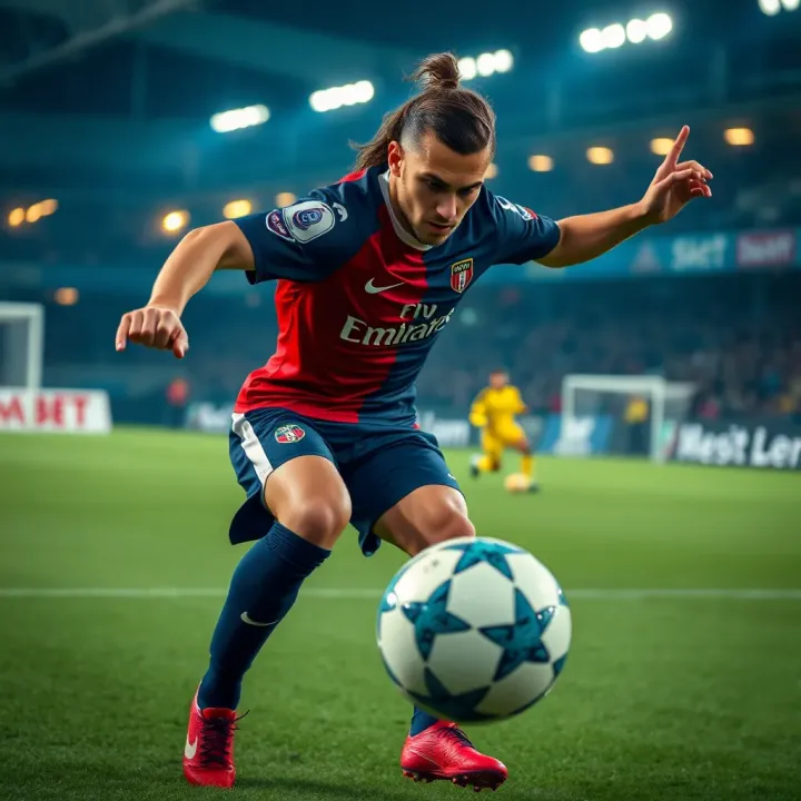 Highlighting a Standout Player in Ligue 1 Competition Close-up action shot of a key football player skillfully controlling the ball on the pitch