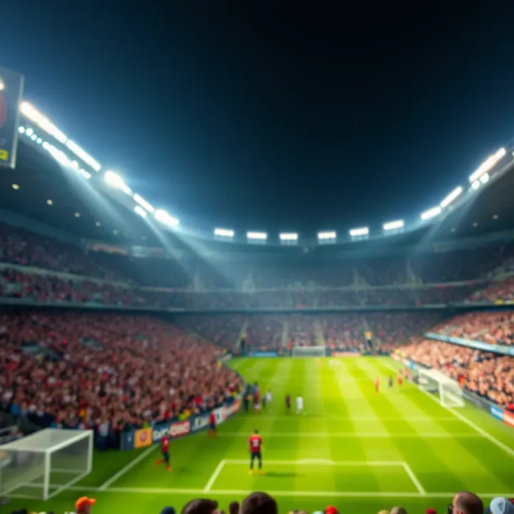 A vibrant football stadium filled with cheering fans during a Ligue 1 match