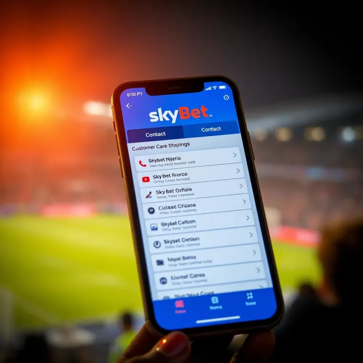 Mobile phone displaying SkyBet Nigeria app with contact options for customer care