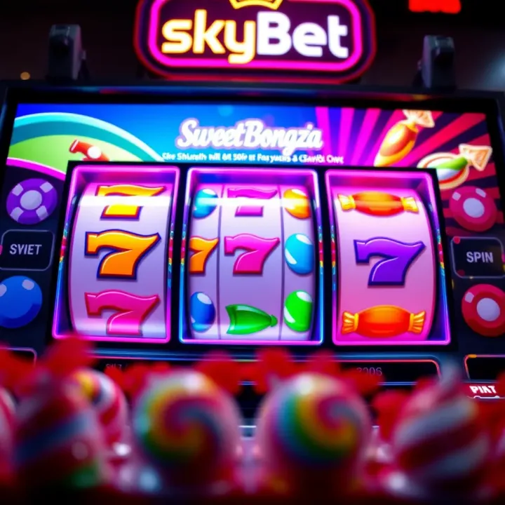 Colorful spinning reels filled with candy symbols in Sweet Bonanza game on SkyBet platform