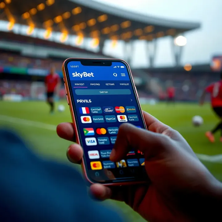 Smartphone screen displaying SkyBet's betting options alongside popular Nigerian payment methods