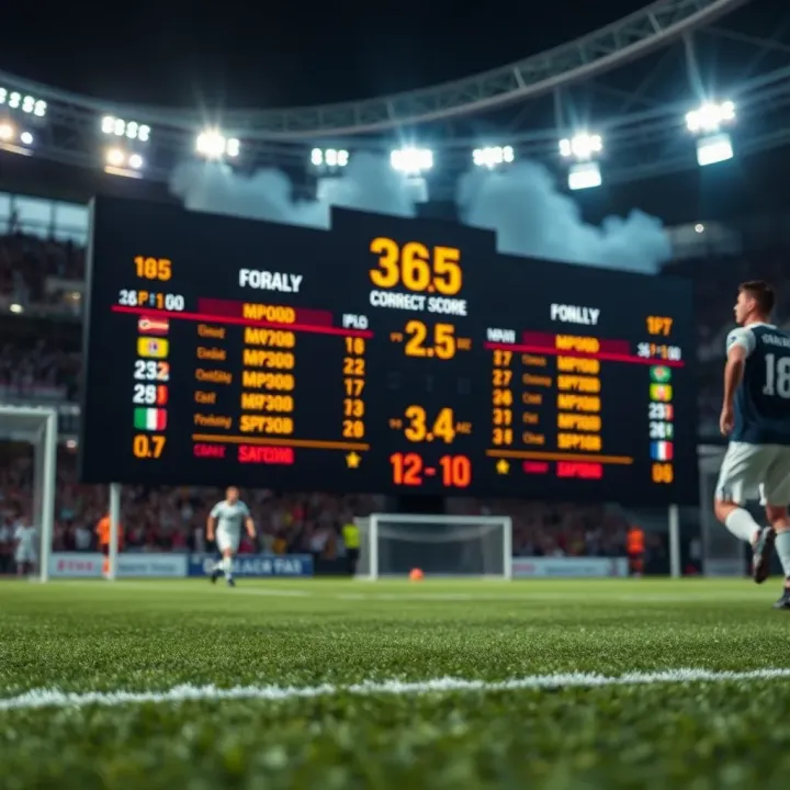 Football pitch with detailed scoreboard displaying potential match outcomes and betting odds
