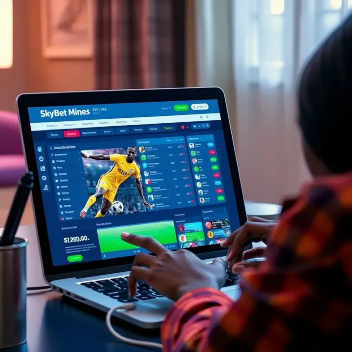 User interacting with SkyBet Mines online betting platform on a laptop