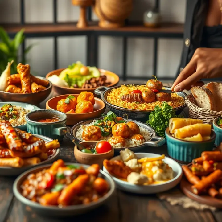 Exploring the Rich Flavors of Super Yummy Nigerian Cuisine Assorted traditional Nigerian dishes presented on a rustic table symbolizing diverse Super Yummy flavors